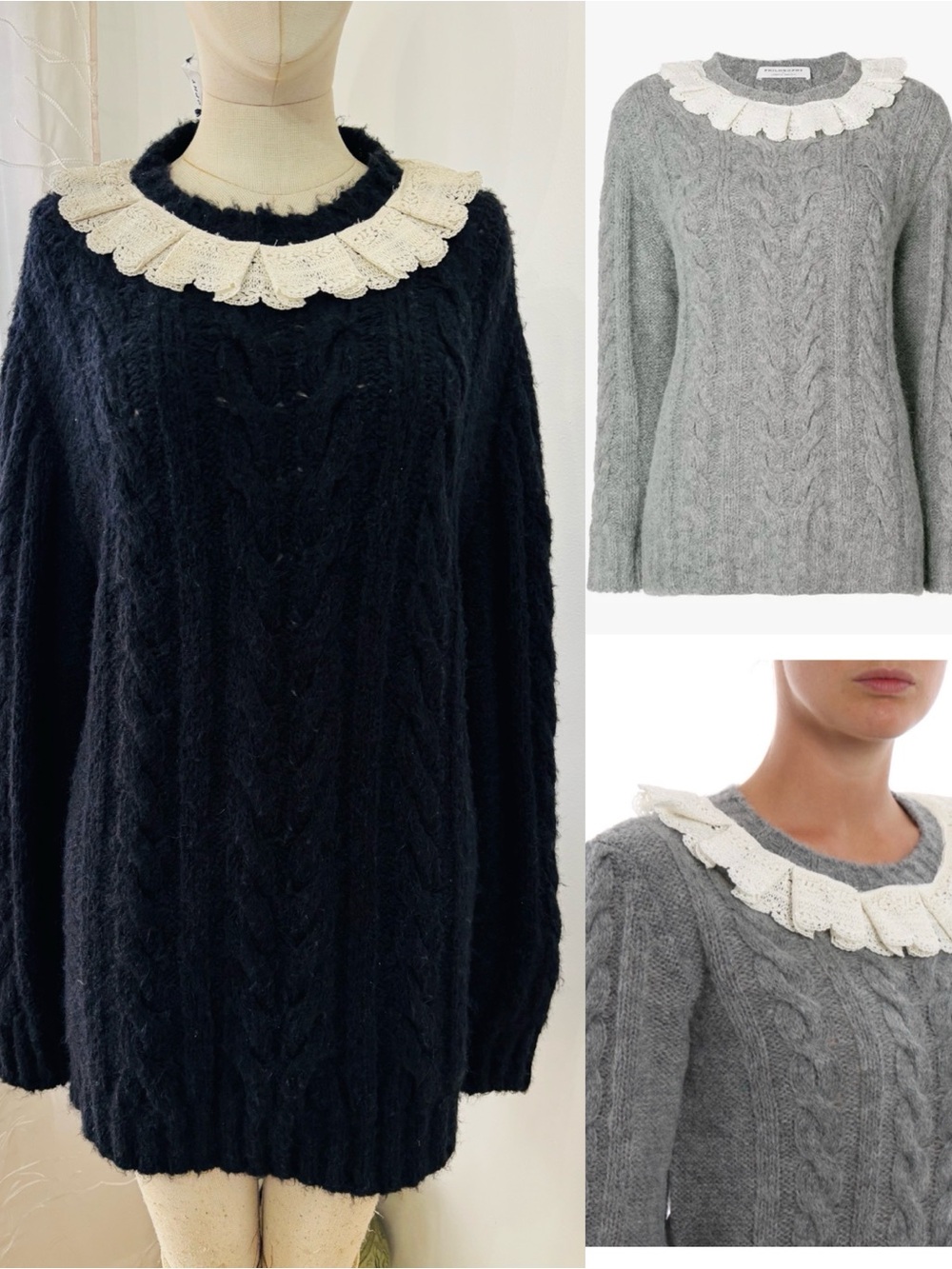 Philosophy DI Lorenzo SerafínWomen’s Cable-Knit Sweater/Lace Collar - Black